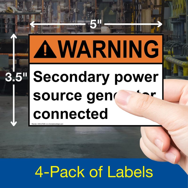 ComplianceSigns.com Warning Secondary Power Source Generator Connected ANSI Label Decal, 5x3.5 inch 4-Pack Vinyl for Electrical Industrial Notices - Image 2